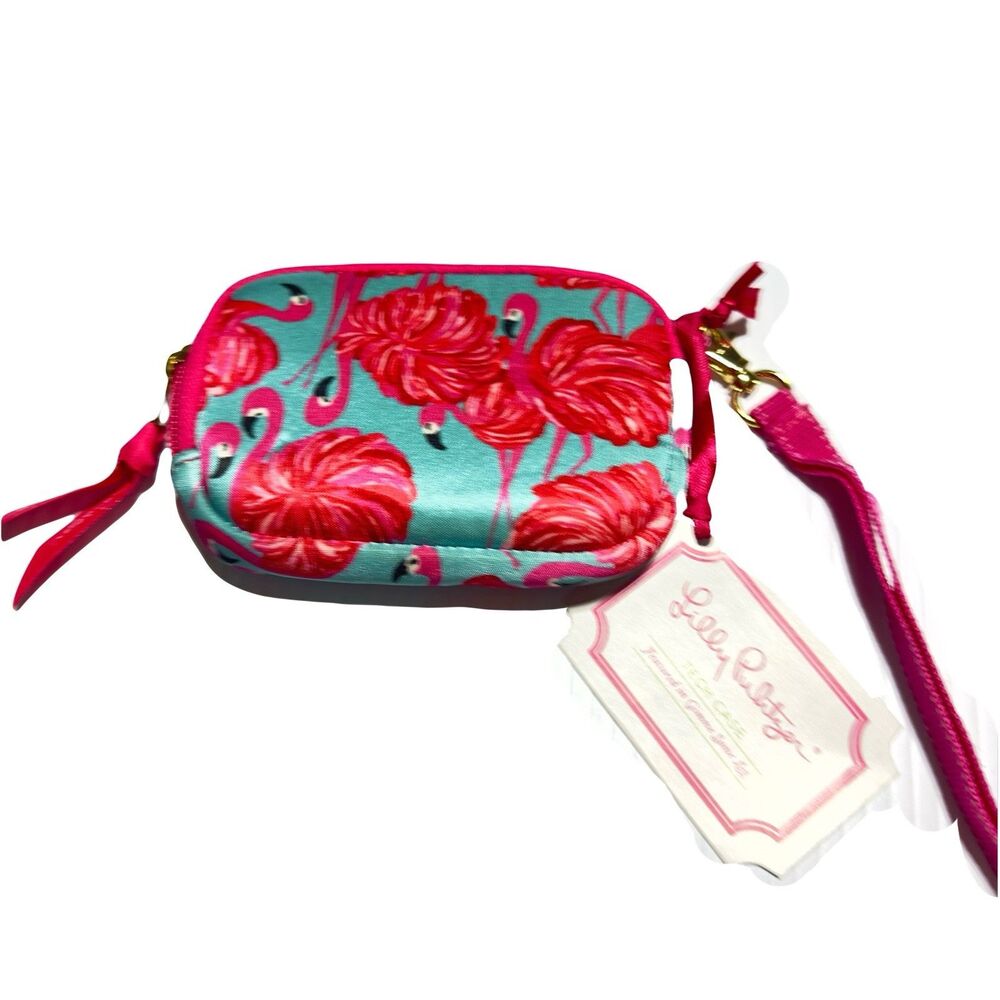 LILLY PULITZER Neoprene Wristlet Blue Pink Flamingo Mini Tech Case Coin NWT